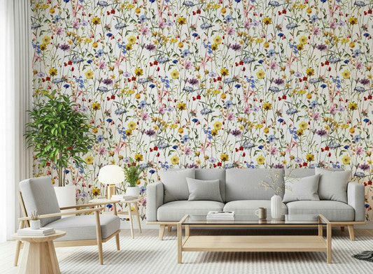Beautiful Whimsy wallpaper mural. Hand-painted garden sketch.