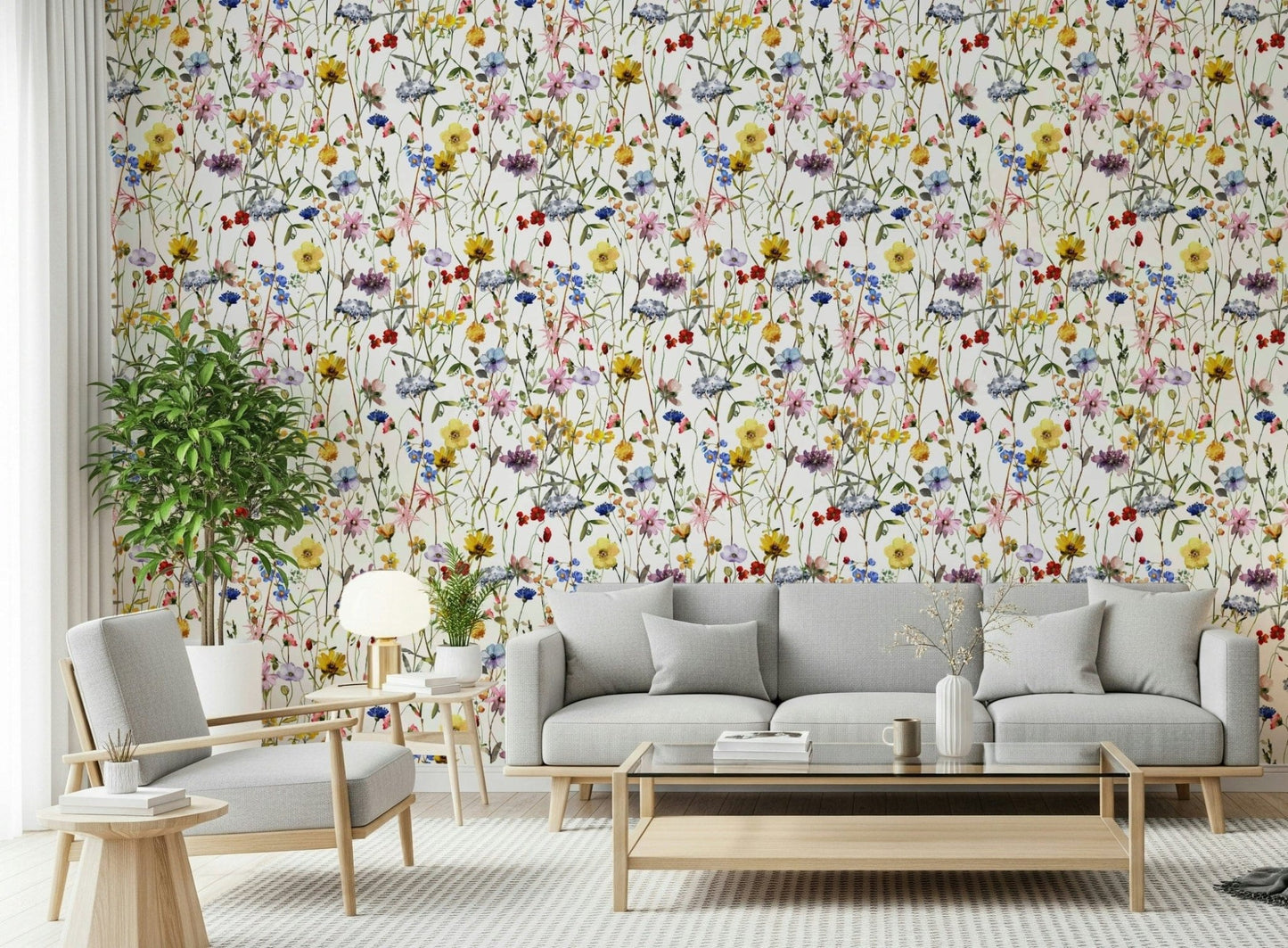 Beautiful Whimsy wallpaper mural. Hand-painted garden sketch.