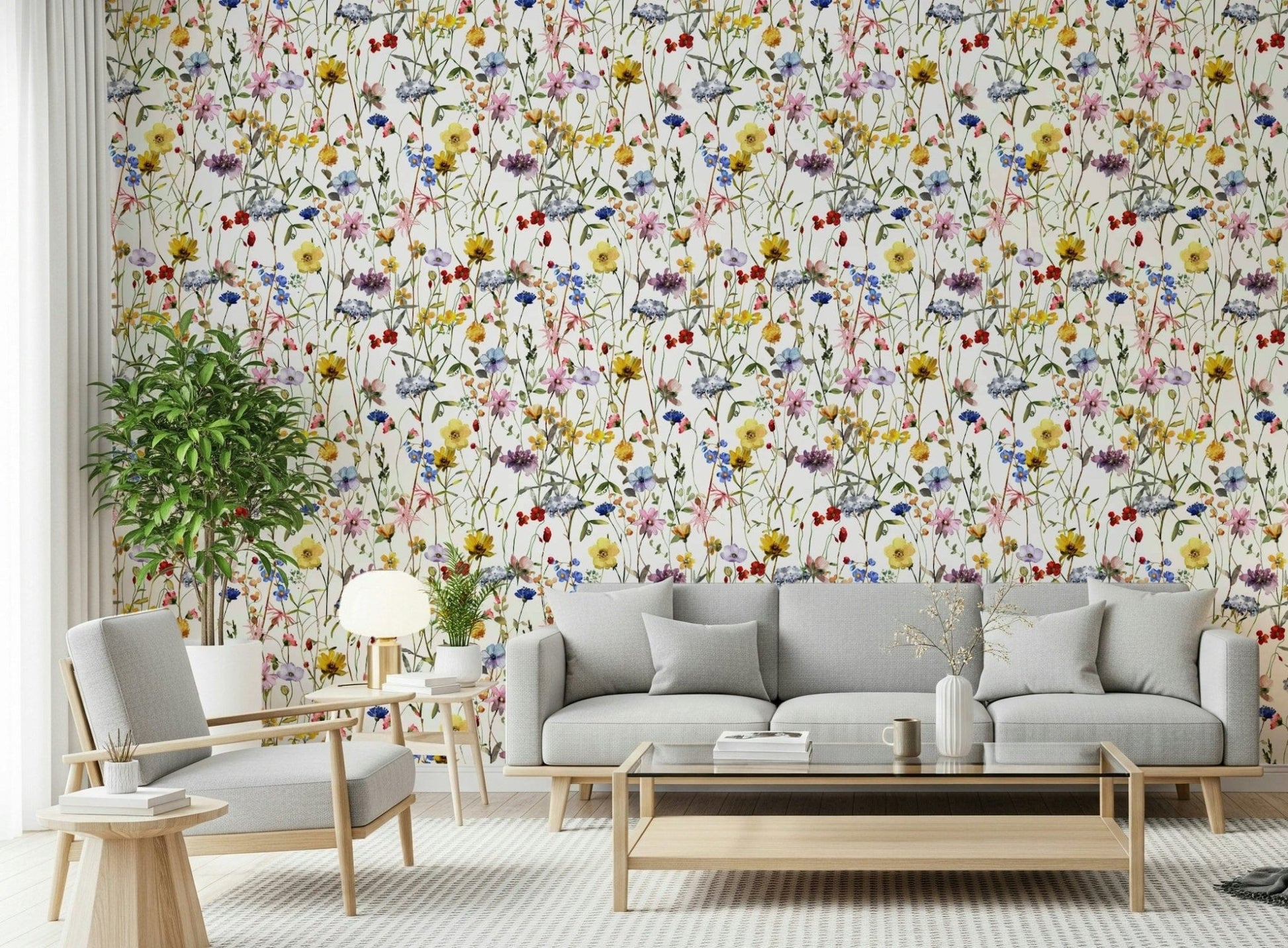 Beautiful Whimsy wallpaper mural. Hand-painted garden sketch.