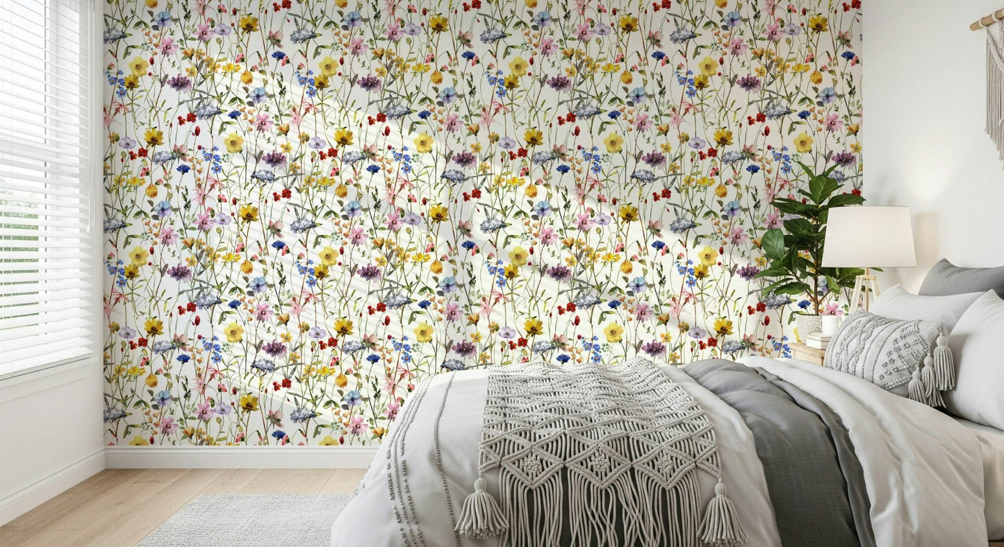 Vibrant Meadow floral wallpaper. Whimsy wall decoration.