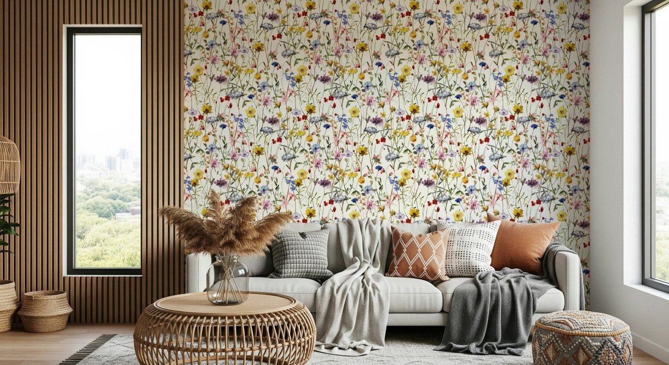 Watercolor Wildflower wallpaper wall mural. Artistic meadow pattern.