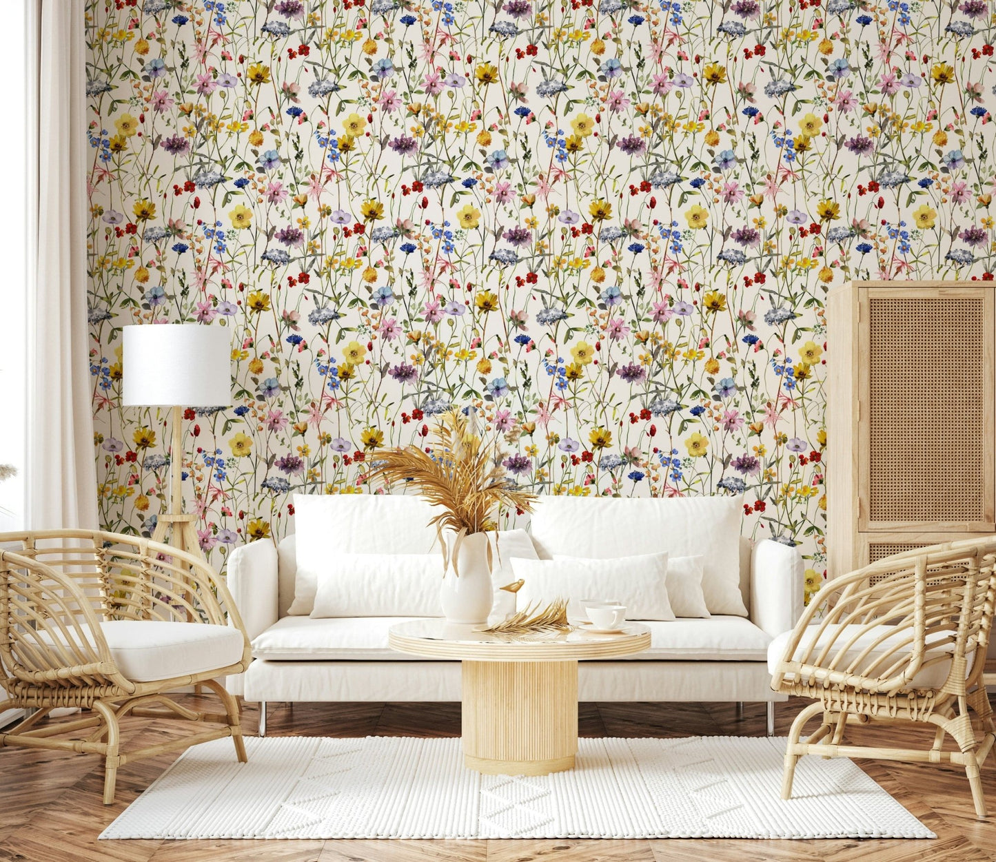 Whimsical Meadow design, delicate watercolor flowers. Wallpaper for walls.