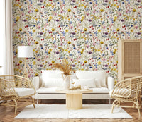 Whimsical Meadow design, delicate watercolor flowers. Wallpaper for walls.