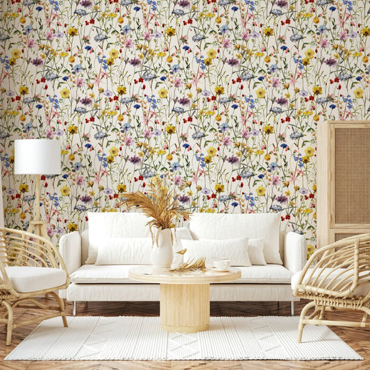 Whimsical Meadow design, delicate watercolor flowers. Wallpaper for walls., GD7172