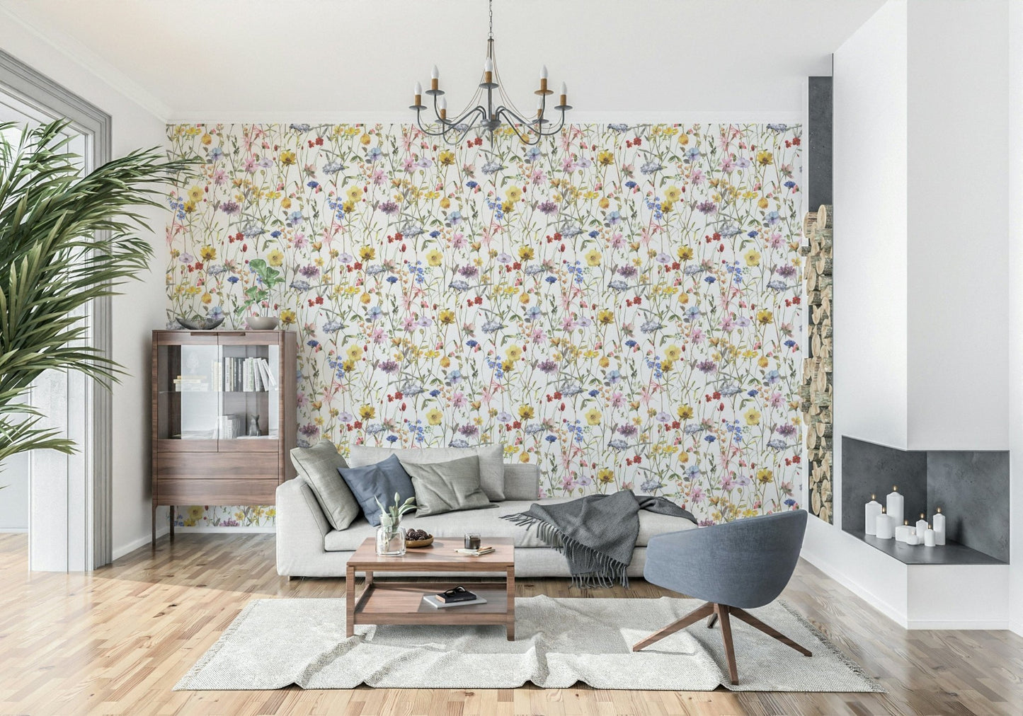 Colorful Watercolor Wildflower wallcovering. Bright floral pattern.