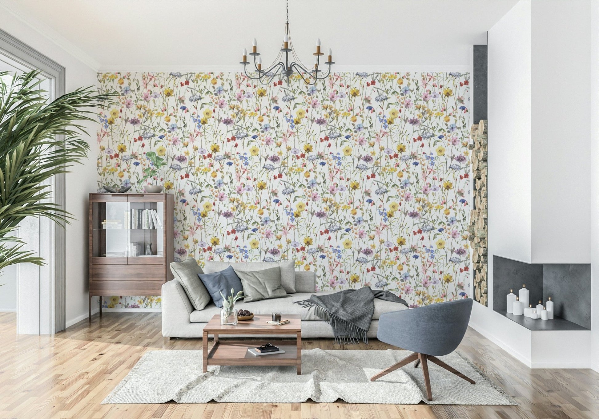 Colorful Watercolor Wildflower wallcovering. Bright floral pattern.