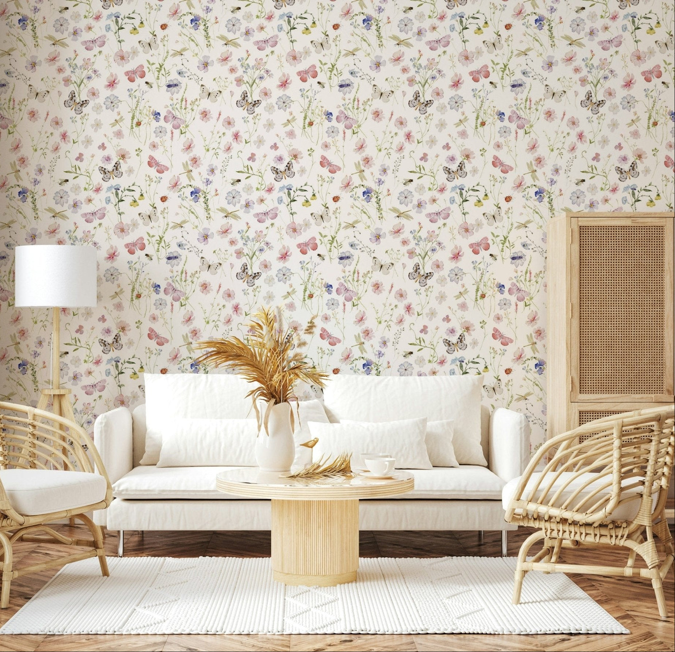 Watercolor Wildflowers Meadow for walls, serene bedroom backdrop.