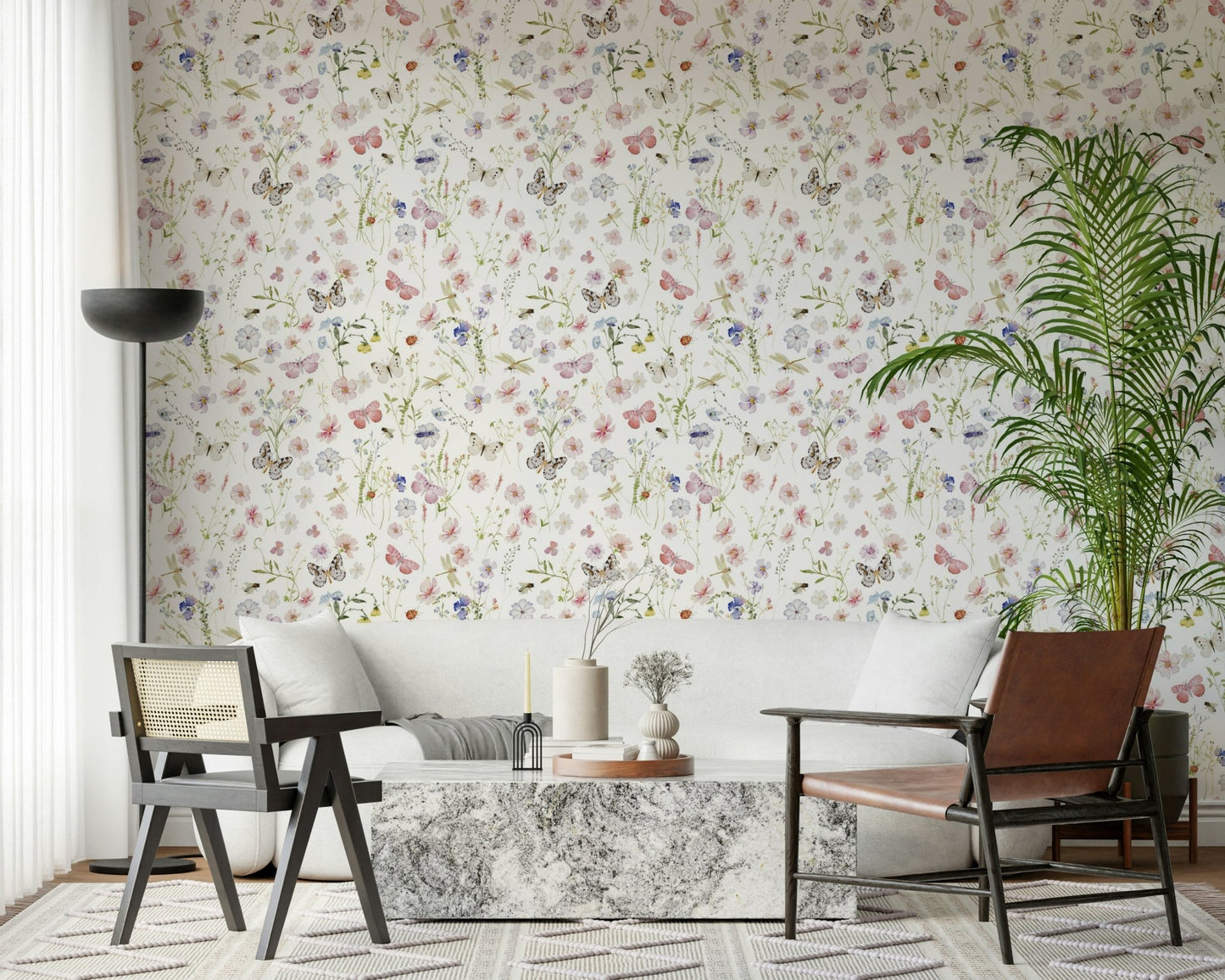 Elegant Watercolor Wildflowers Meadow wall paper, subtle nature motif.