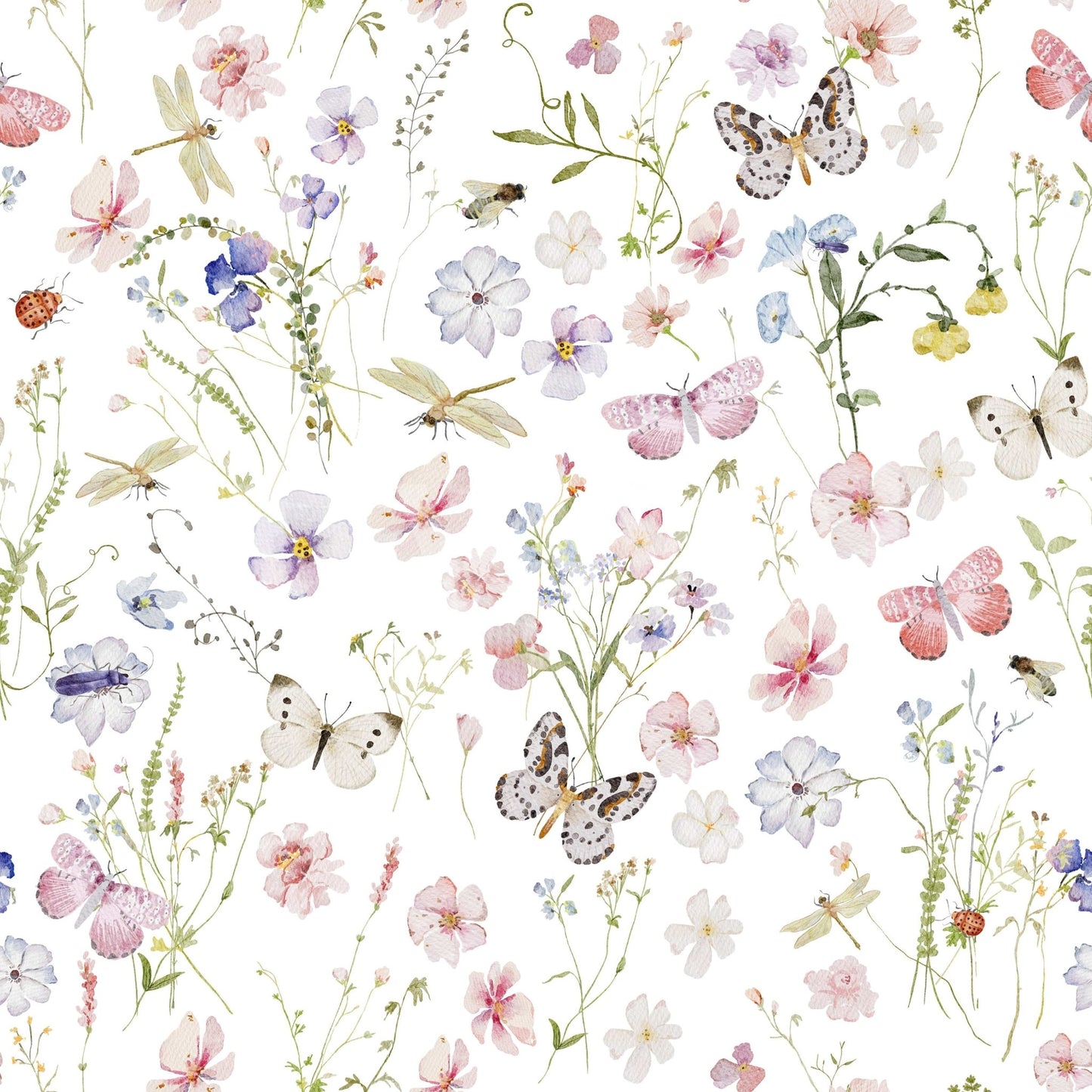 Watercolor Wildflowers Meadow peel and stick mural, pink and blue flowers.