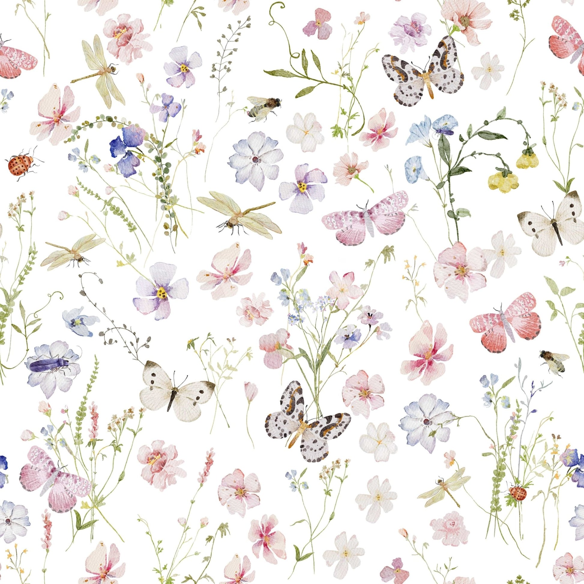 Watercolor Wildflowers Meadow peel and stick mural, pink and blue flowers.