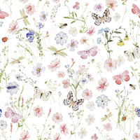 Watercolor Wildflowers Meadow peel and stick mural, pink and blue flowers.