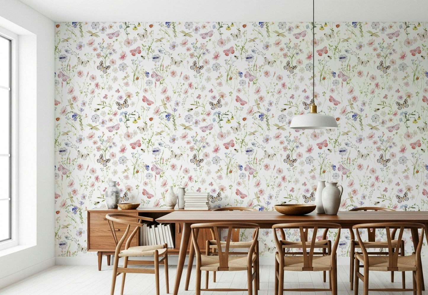 Watercolor Wildflowers Meadow, beautiful flowering field mural for home.