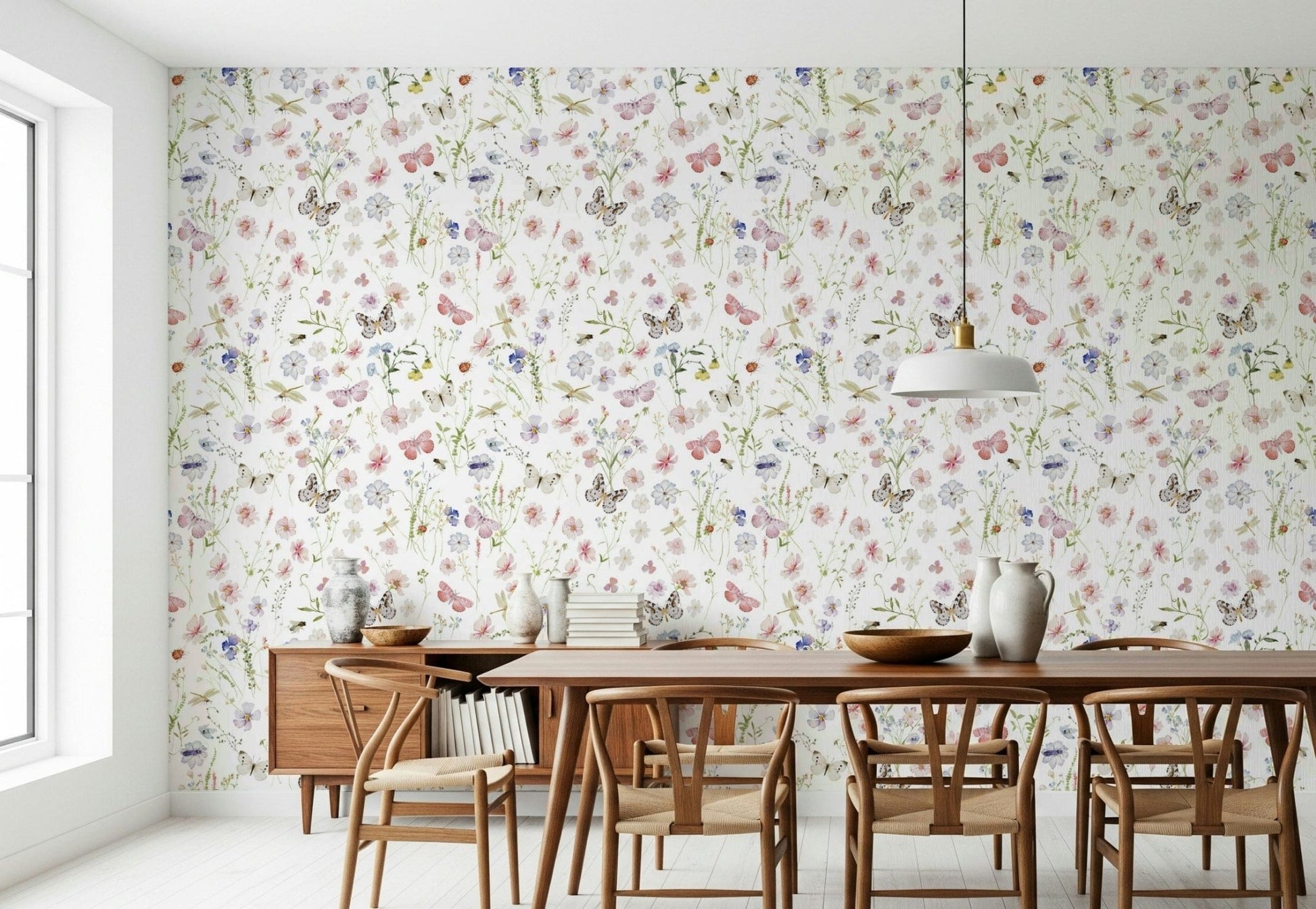 Watercolor Wildflowers Meadow, beautiful flowering field mural for home.