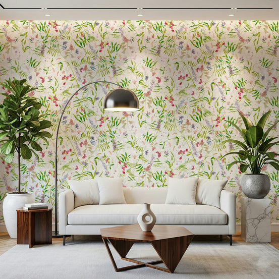 Entryway styled using wildflower watercolor wallpaper with fresh green foliage look, GD7169