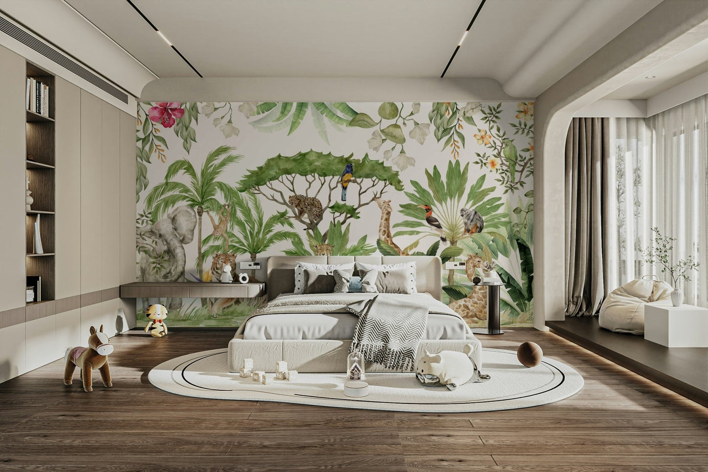 Lush green jungle watercolor mural with animals, GD1235