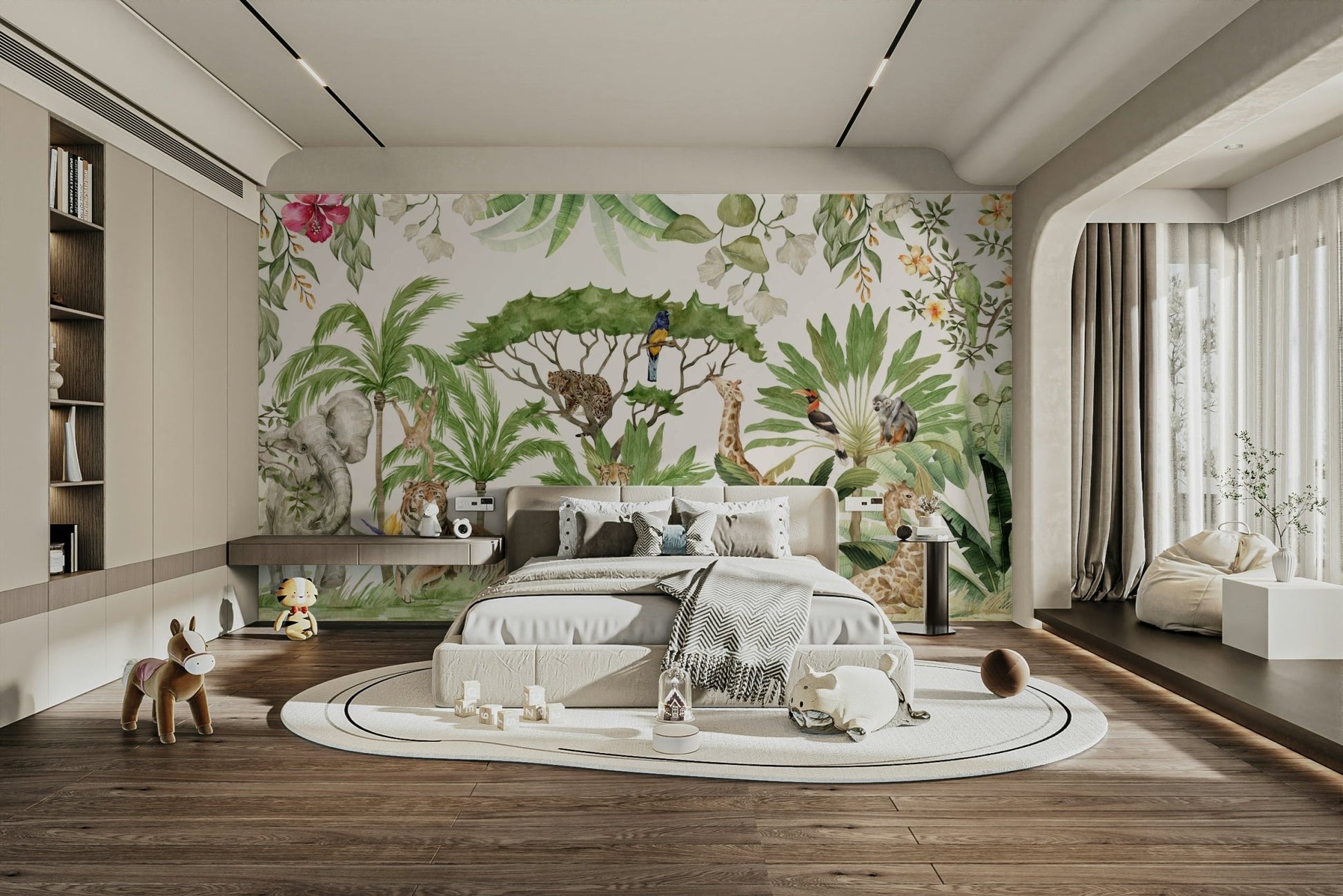 Lush green jungle watercolor mural with animals, GD1235