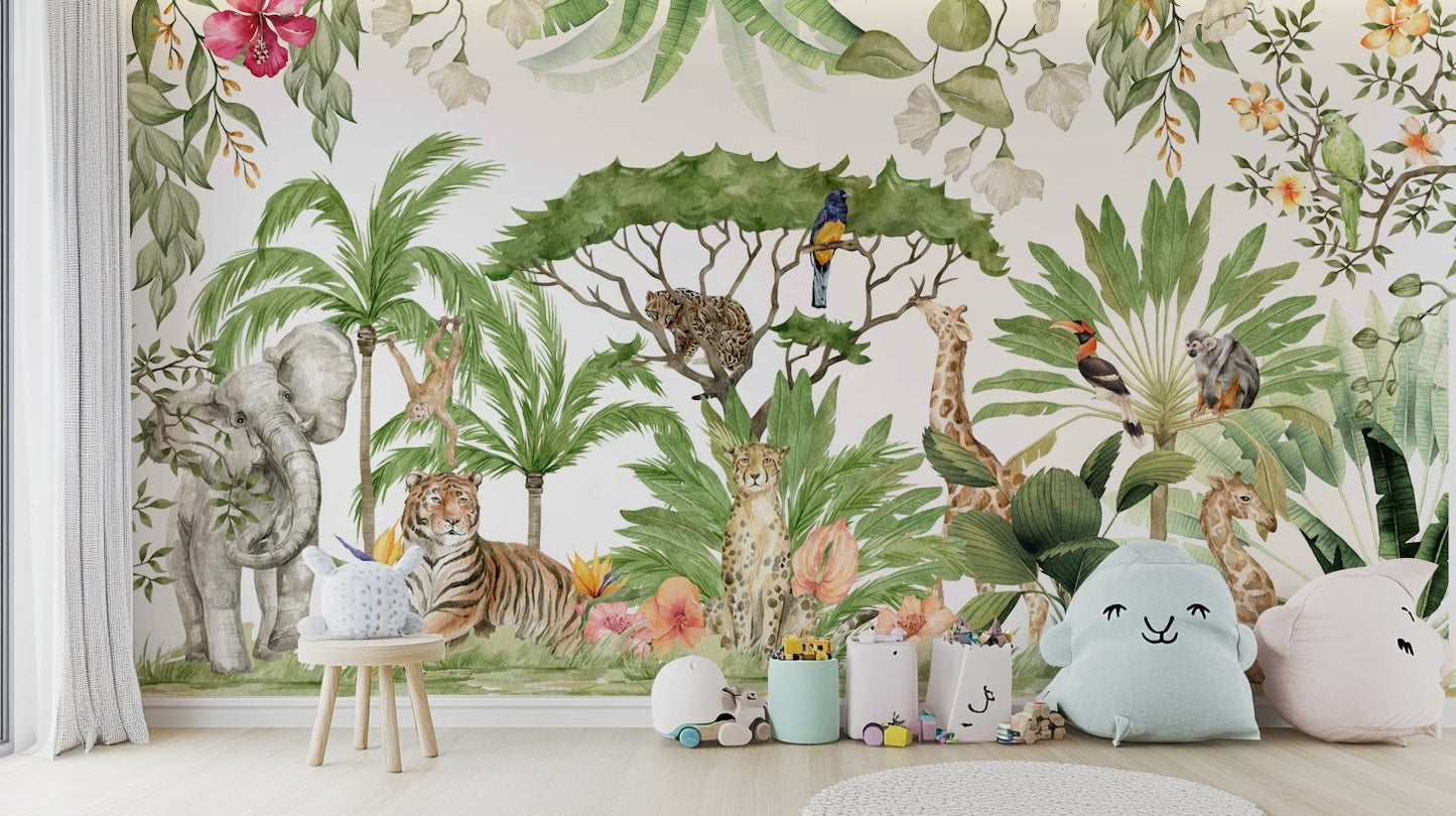 Majestic forest animals in watercolor wall mural, GD1235