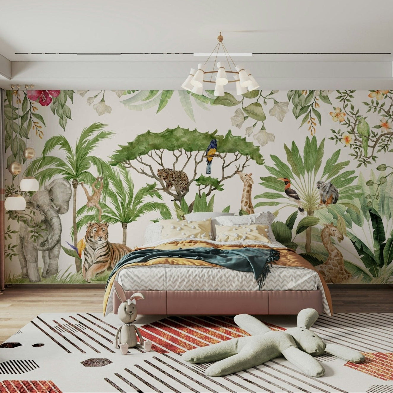 Vibrant watercolor mural of forest wildlife, GD1235