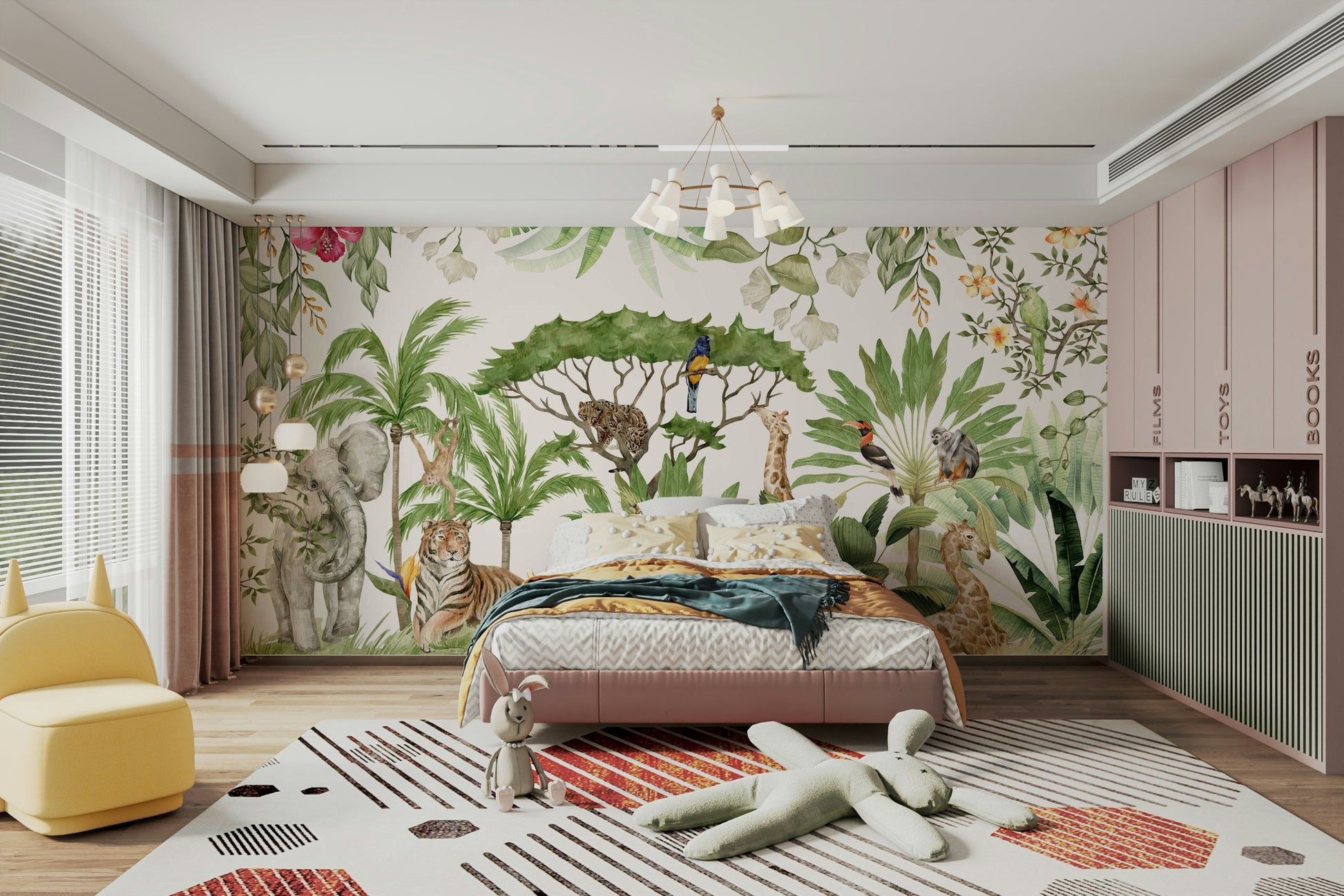 Vibrant watercolor mural of forest wildlife

