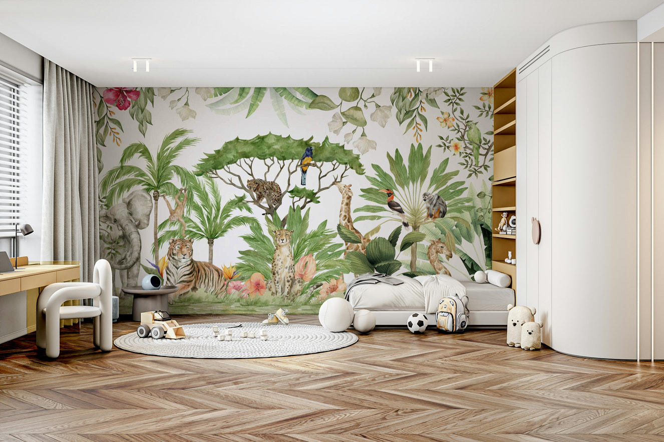 Watercolor wildlife mural with lush greenery


