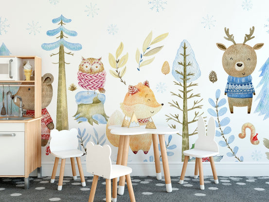 Watercolor winter forest wallpaper with woodland animals A731