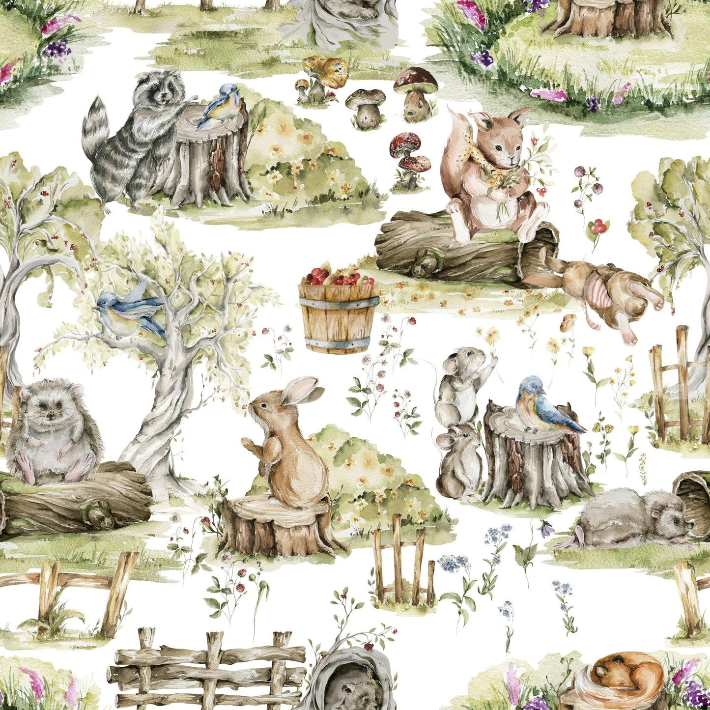Watercolor Woods mural, sweet critter pattern, perfect children's room walls.