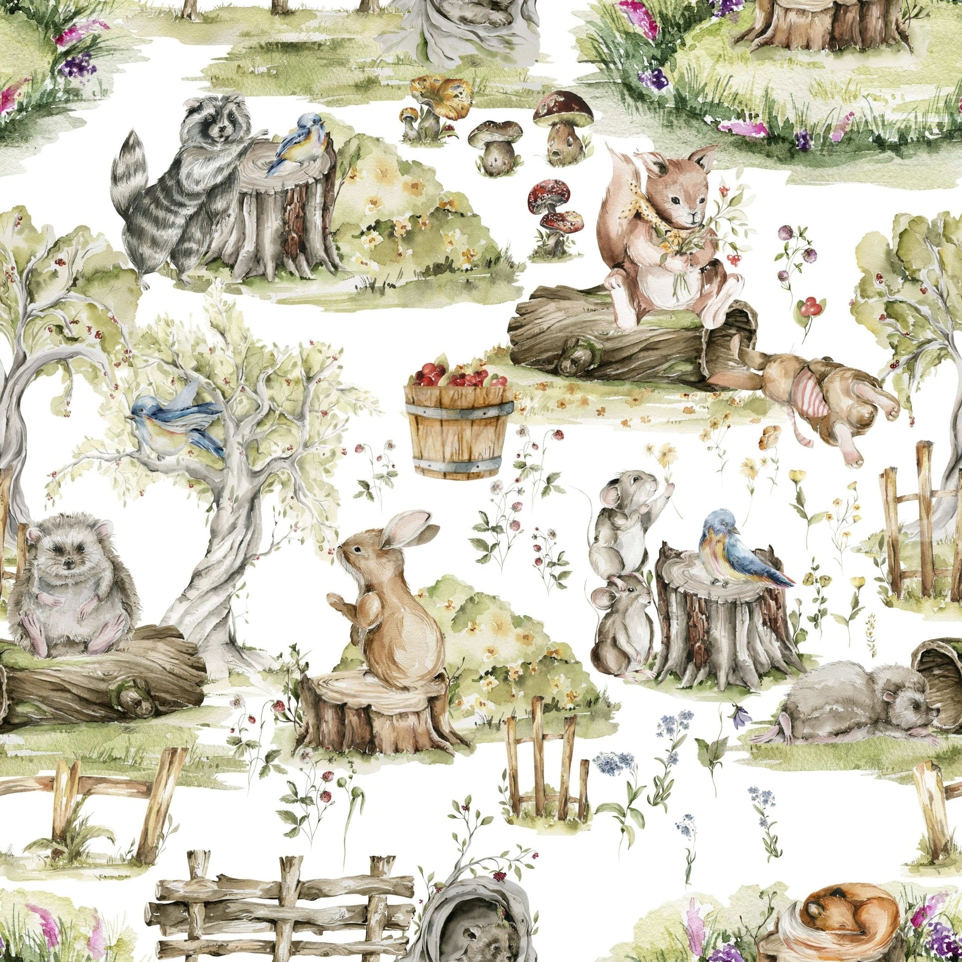 Watercolor Woods mural, sweet critter pattern, perfect children's room walls.