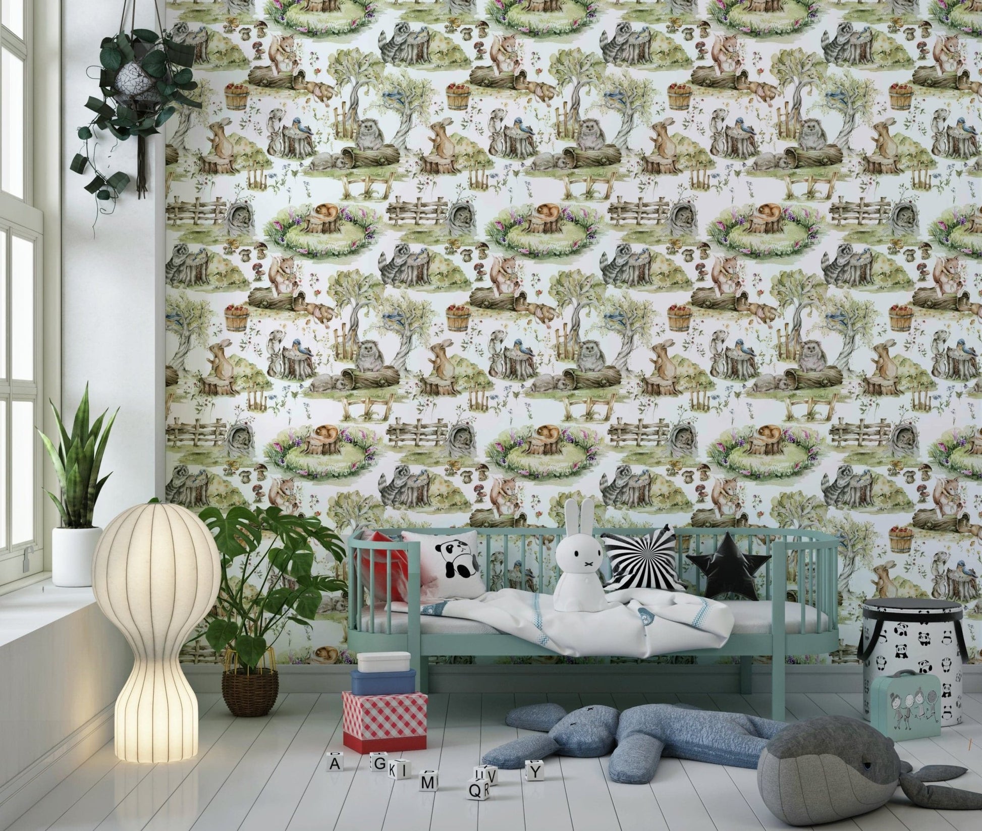 Cute hedgehog rabbit sleeping mouse, Watercolor Woods nature wallpaper.