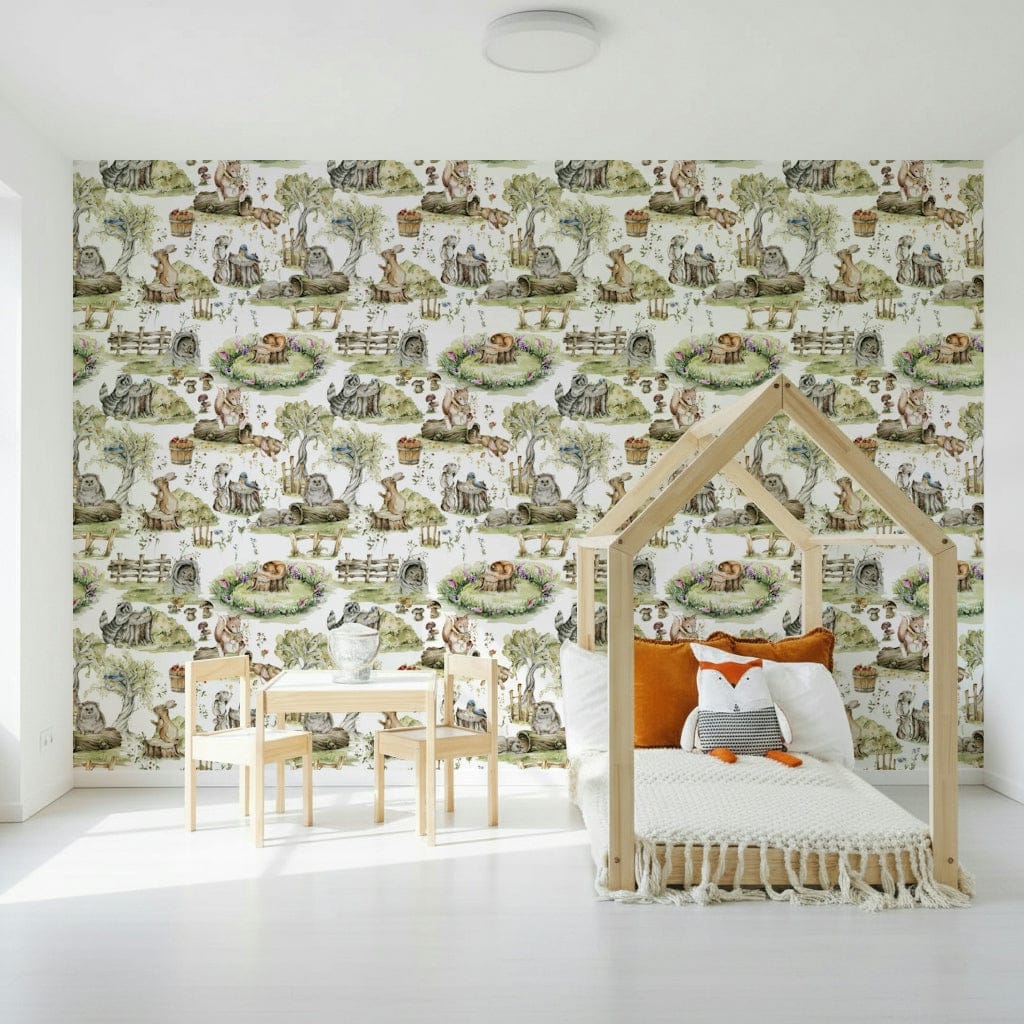 Watercolor Woods forest friends, delicate botanical drawing, unique wall mural.