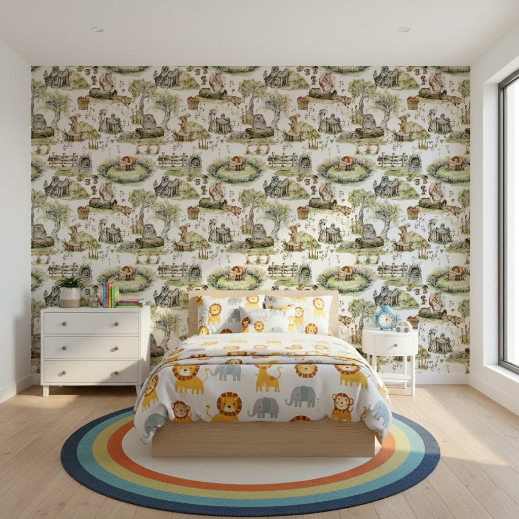 Watercolor Woods whimsical nursery wallpaper, gentle animal print walls.