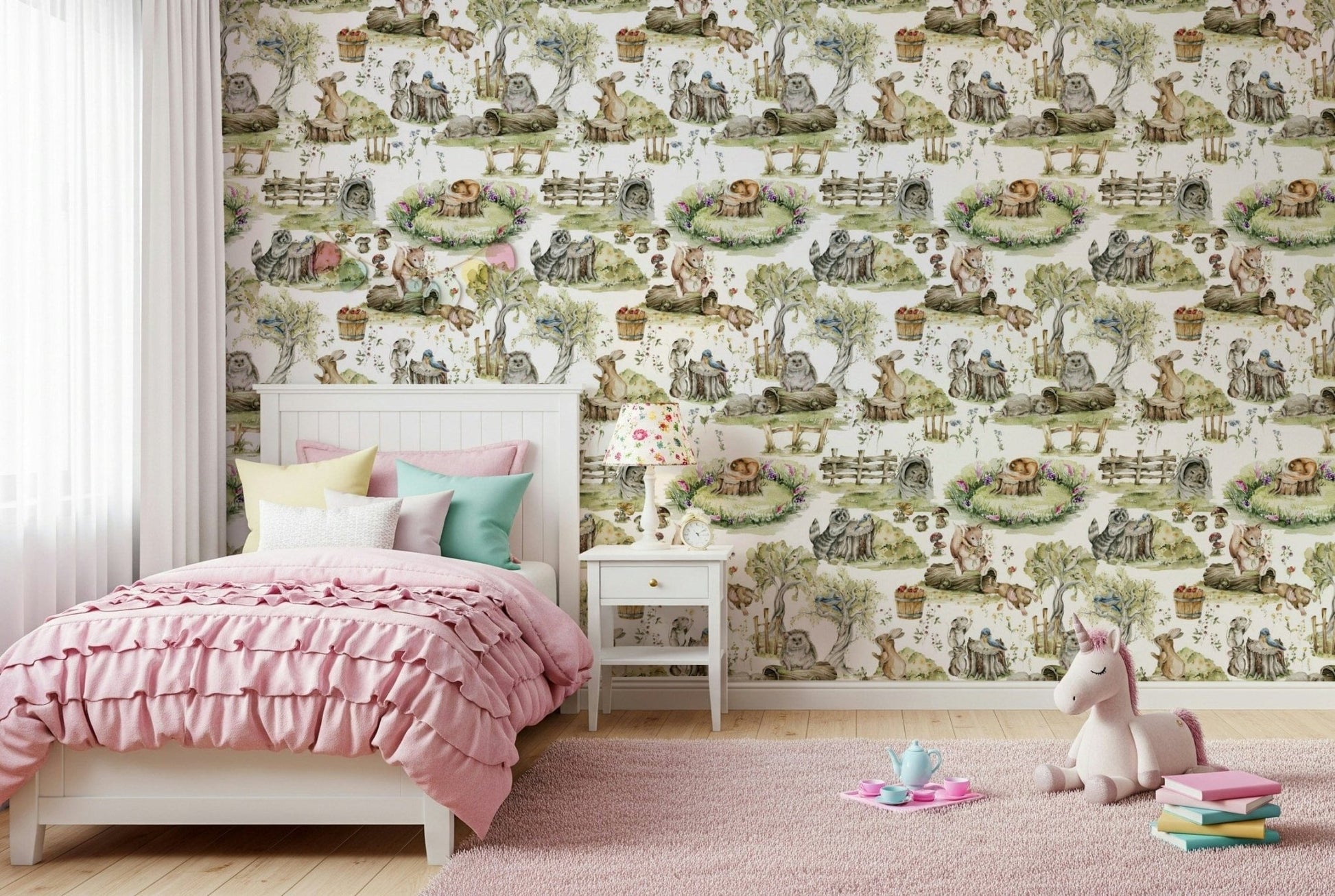 Adorable squirrel raccoon bunny design, Watercolor Woods wall covering.