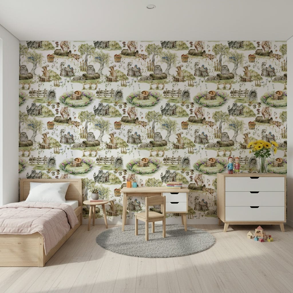 Watercolor Woods baby room wallpaper, lovely wildlife sketch repeating design.