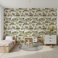 Watercolor Woods baby room wallpaper, lovely wildlife sketch repeating design.