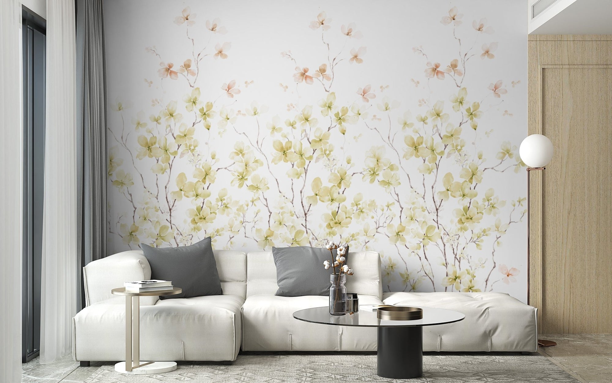Watercolor yellow floral wallpaper mural A928
