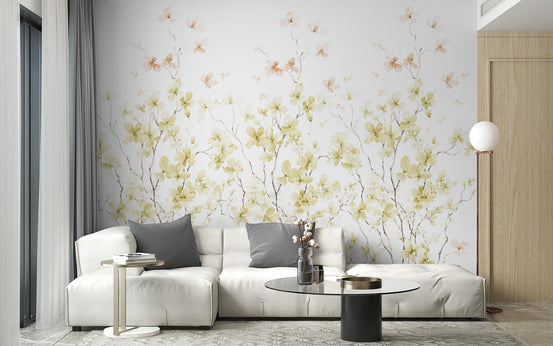 Watercolor yellow floral wallpaper mural A928