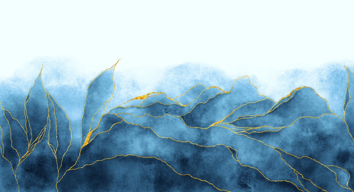 Blue Gold Watercolor Wallpaper Mural in your room — zoomed