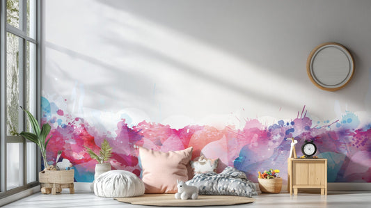 Watercolor wallpaper mural with vibrant abstract colorful leaves. A949
 