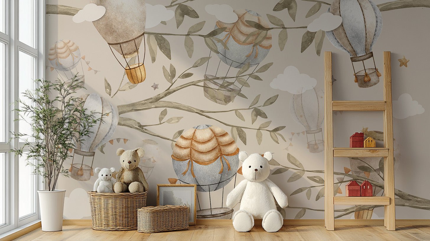 Watercolor air balloon wallpaper with vintage design elements, C150