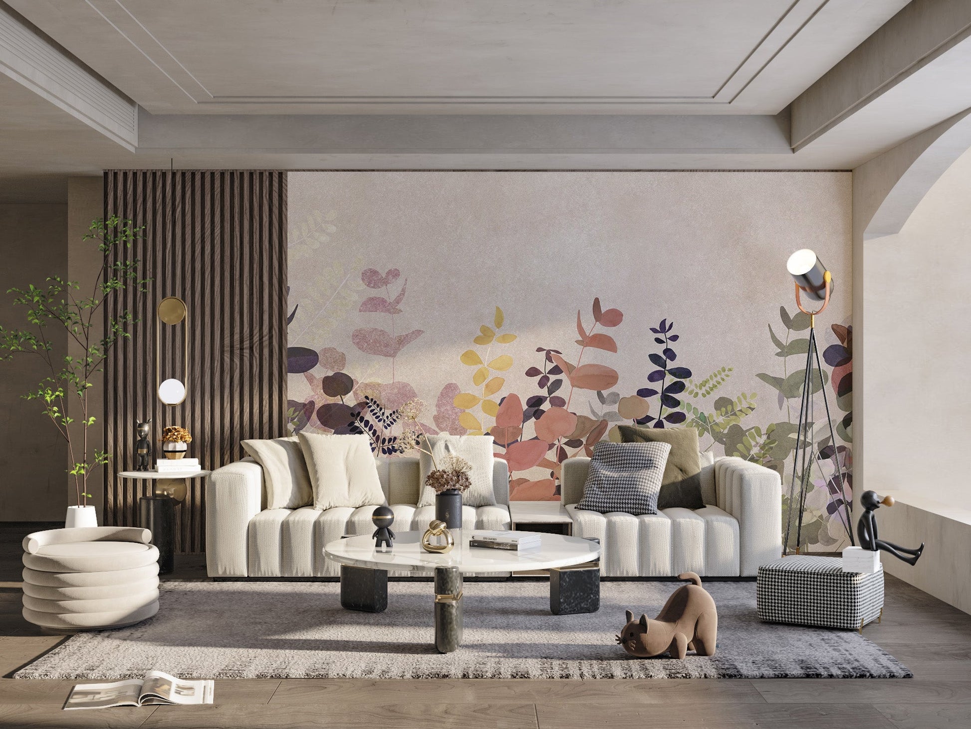 "Watercolor leaves wallpaper in warm hues"
