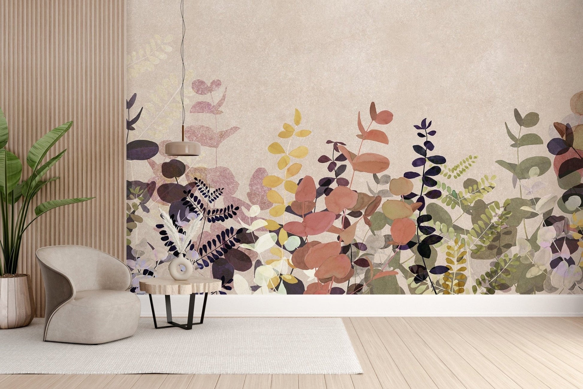 "Earthy botanical wallpaper with leaves"
