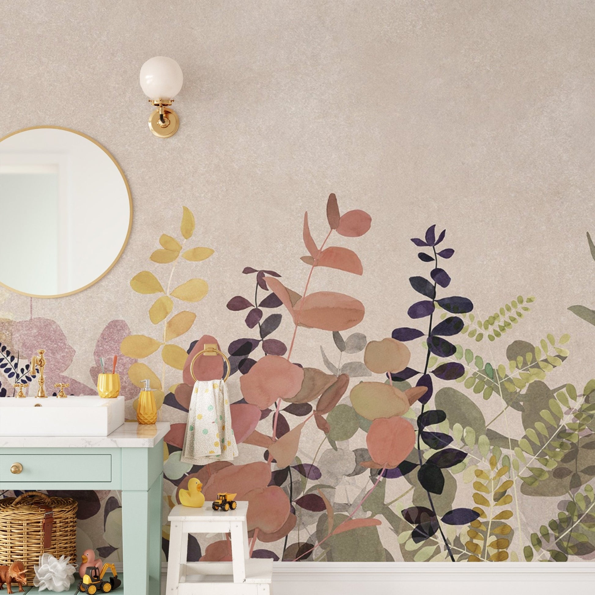 "Layered leaf wallpaper in muted colors"
