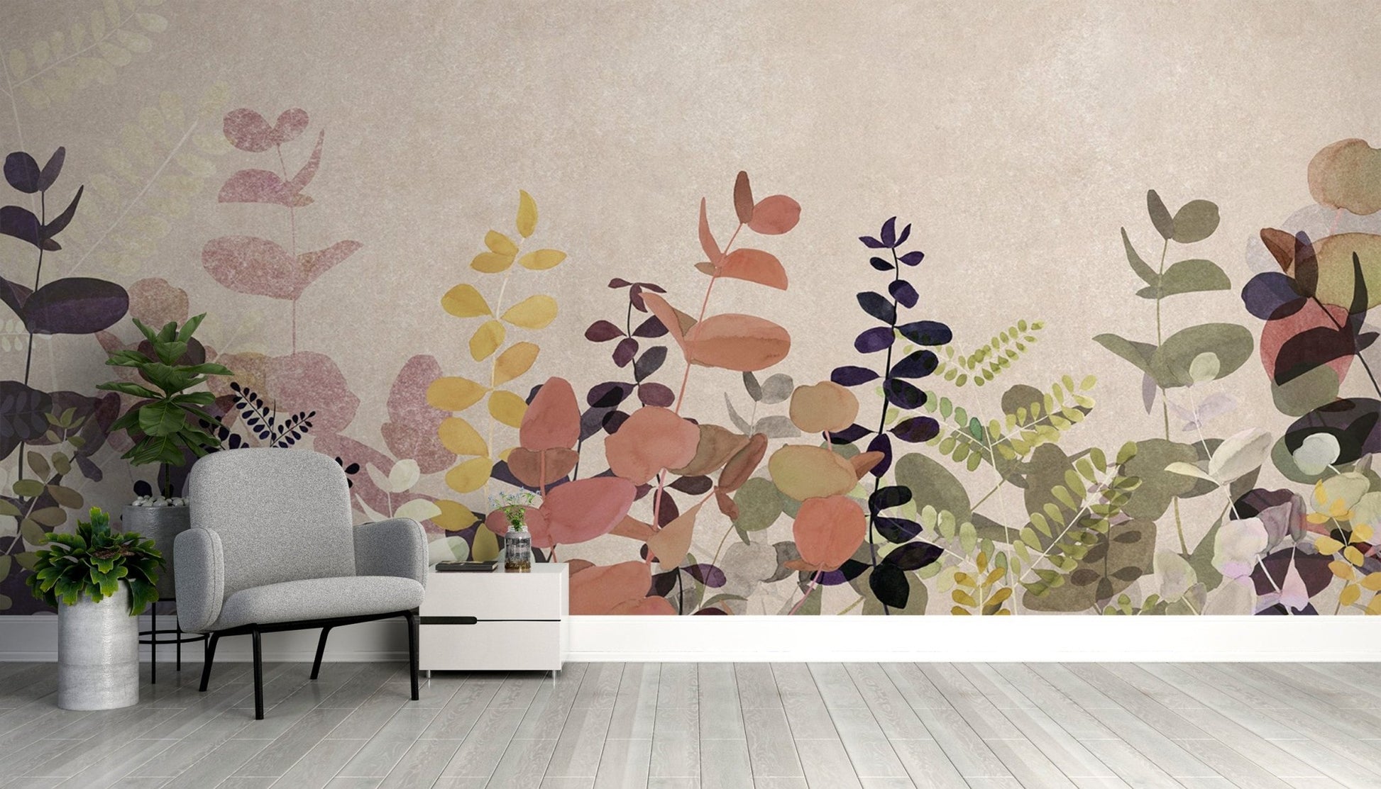 "Soft watercolor leaves on neutral base"
