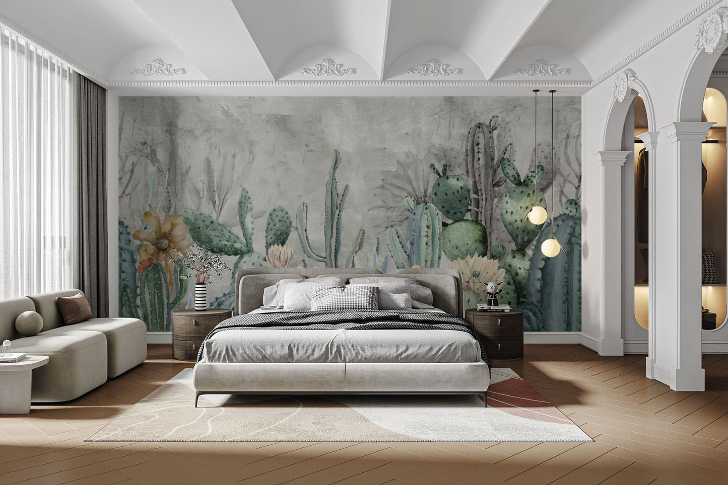 Muted green and pink cactus wallpaper
