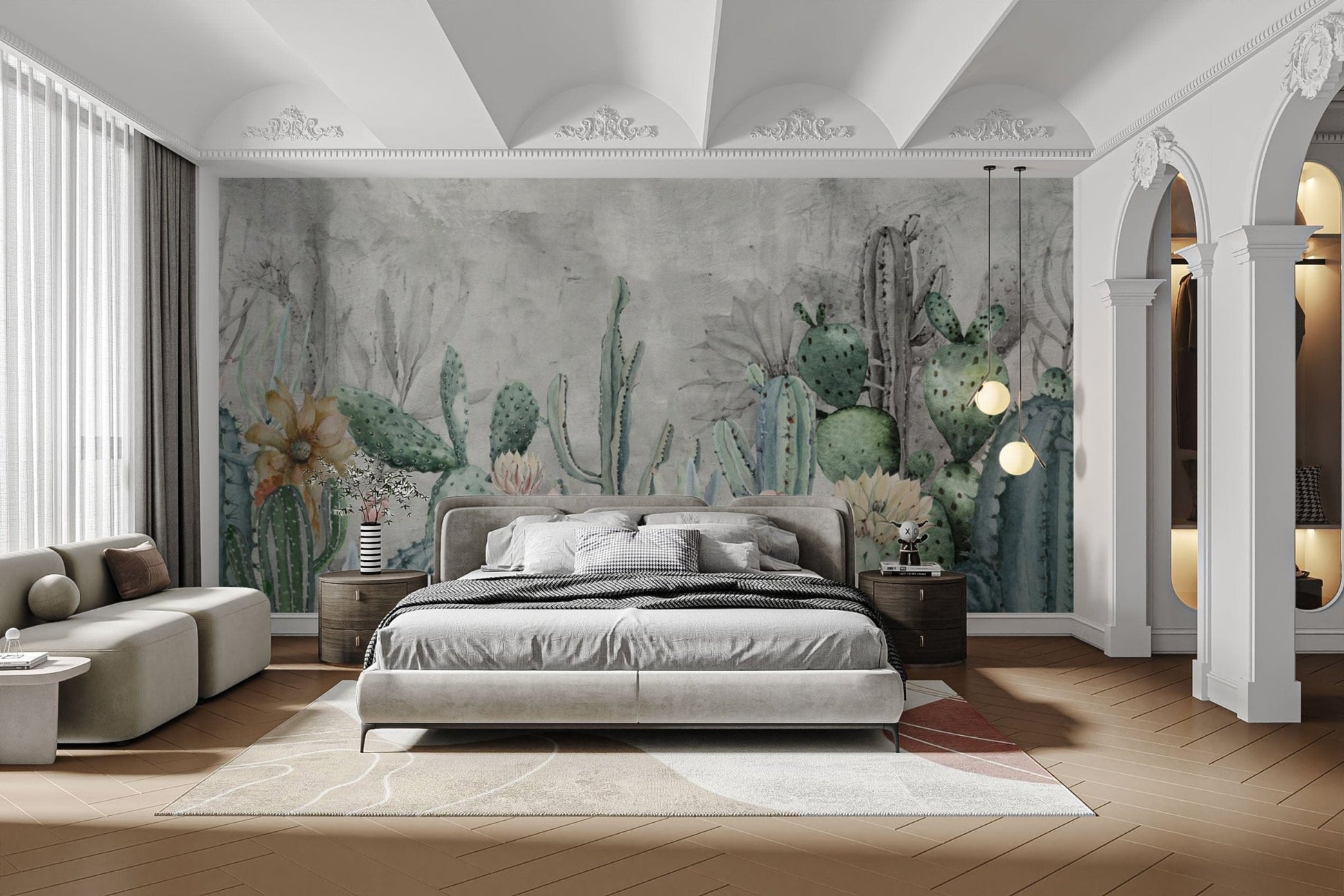 Muted green and pink cactus wallpaper
