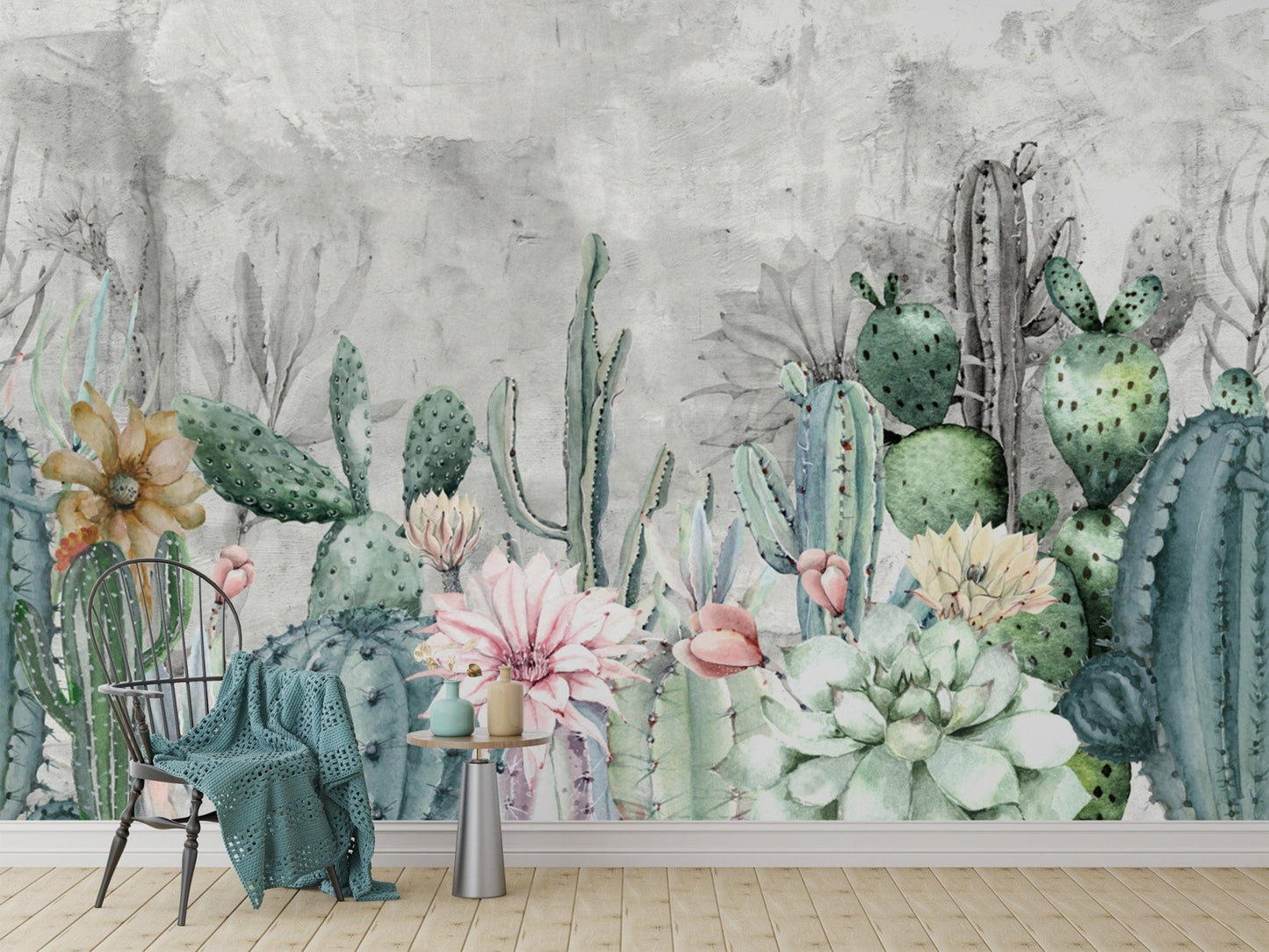 Soft pastel cactus wall mural design
