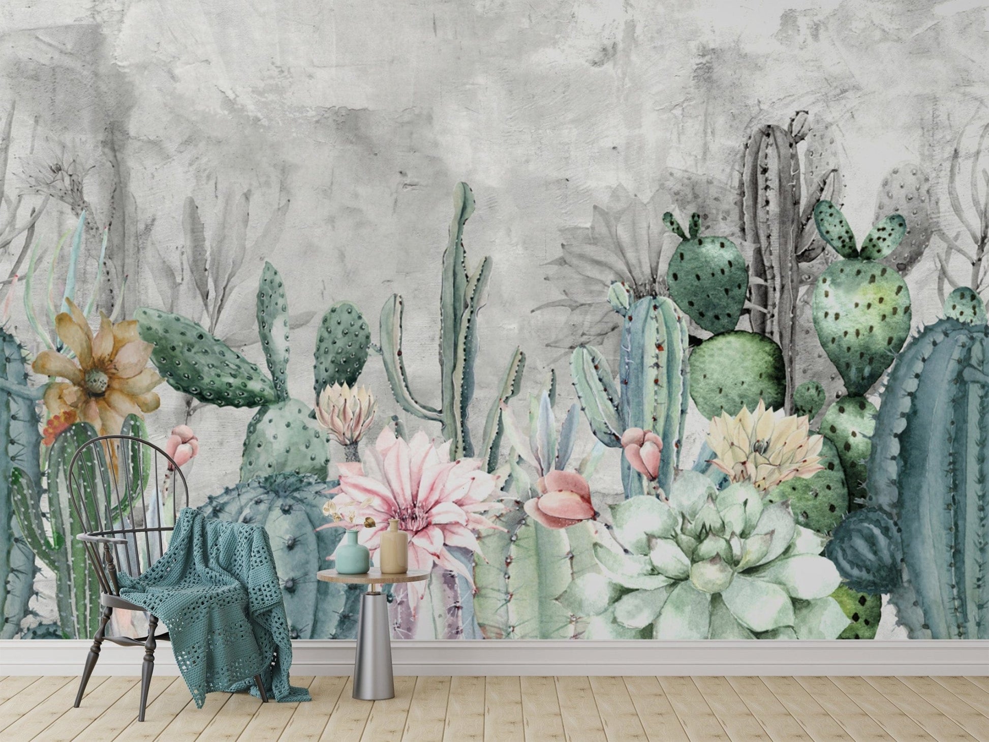 Soft pastel cactus wall mural design
