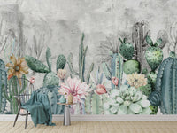 Soft pastel cactus wall mural design
