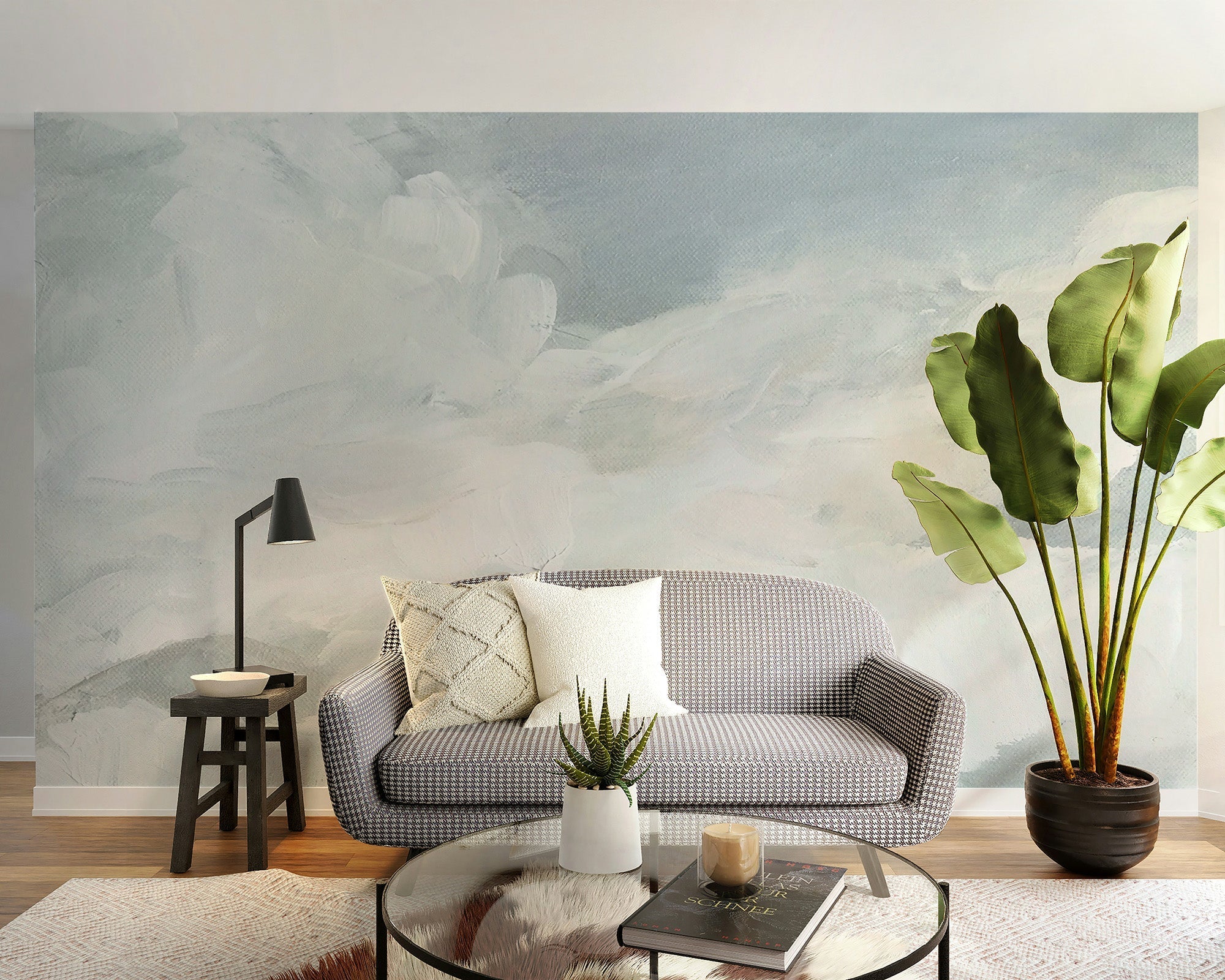 Living room feels airy with watercolor clouds wallpaper C445