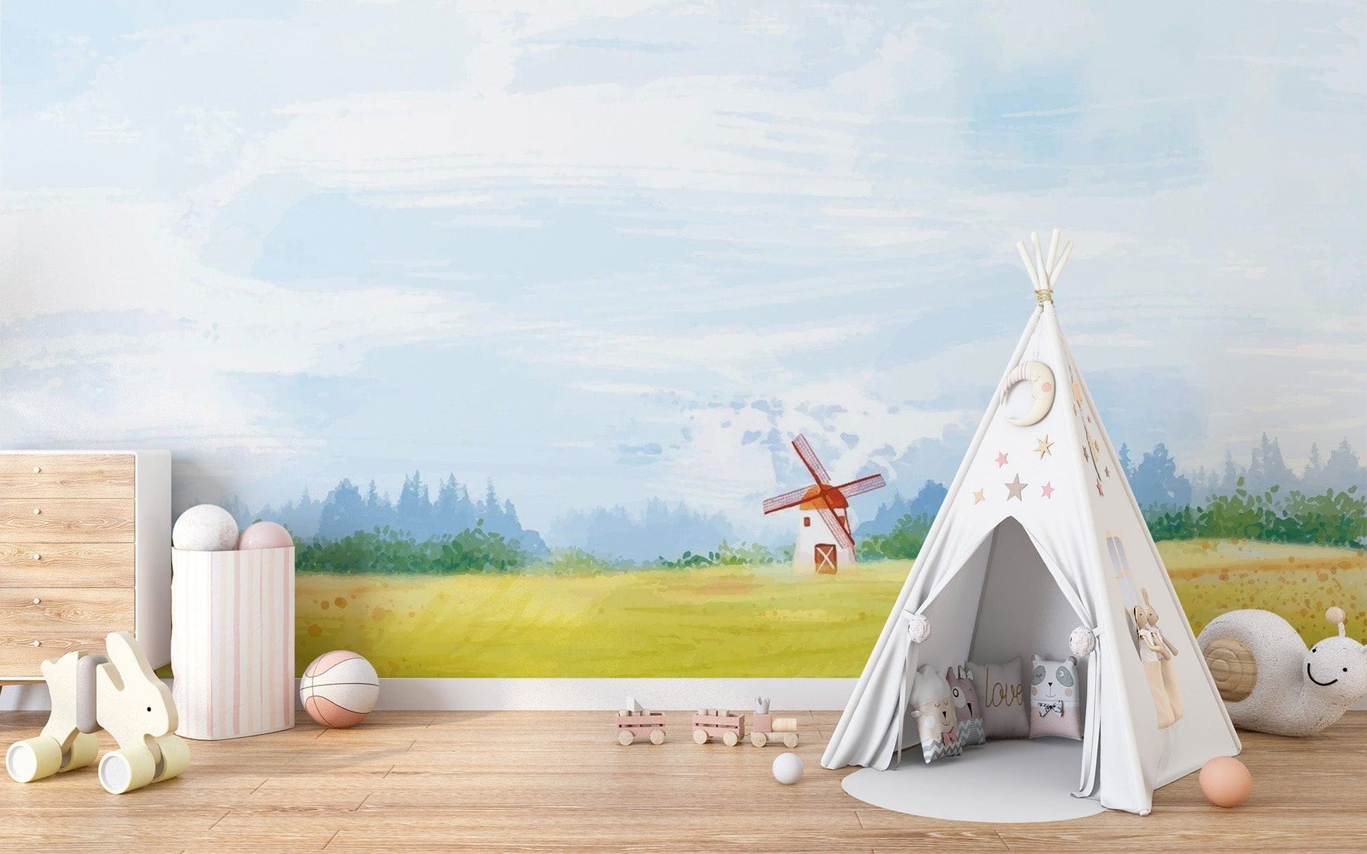 Watercolour Countryside Green Garden Wallpaper - Giffywalls Forest-05