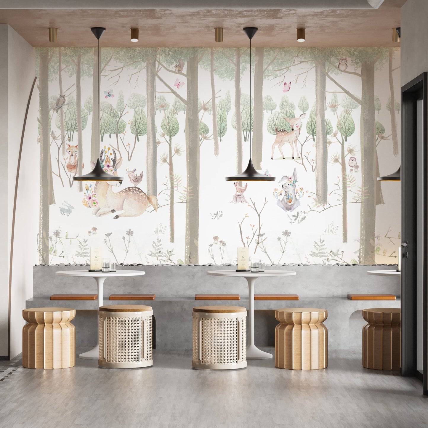 Forest wallpaper mural with watercolor animals
